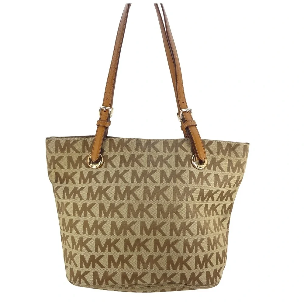 Michael Kors Beige Tan MK Monogram Canvas Tote Shoulder Bag Gold Hardware‎ - Picture 4 of 9